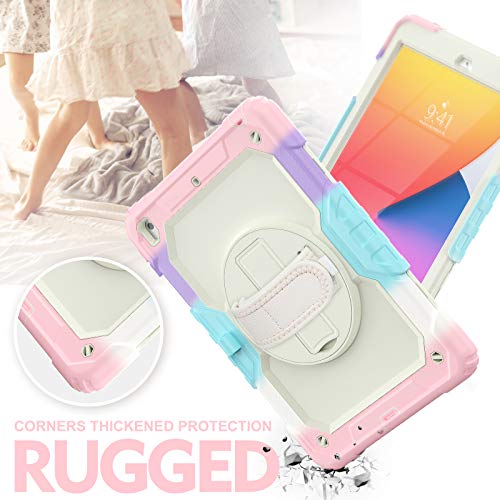 SIBEITU Case Compatible with iPad 9th/8th/7th Generation with Screen Protector Pen Holder, iPad Case 10.2 Inch, Heavy Duty Protection Cover W/Stand Hand Shoulder Strap for iPad A2602 A2197