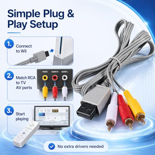 Image of PORTHOLIC AV Cable for Wii and Wii U, 6FT /1.8M Wii Component Cable Composite Audio Video RCA Cable Cord with Red White Yellow Connectors, Plug and Play TV Connection Cable