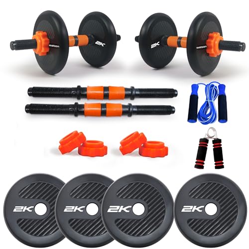 Image of WATSON Premium Rubber Dumbbell Set For Men, Women Fitness, Dumbbell Set With 8Kg (2Kgx4) Rubber Weight Plates, Hard PVC 14 inch Dumbbell Rods, Skipping Rope, Hand Grip