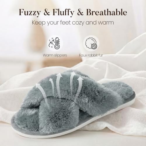 Image of Ankis Women's Fuzzy Slippers Cross Band Memory Foam Open Toe Comfy Soft House Shoes Anti-Slip Indoor Outdoor Gifts for Women