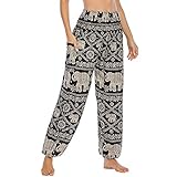 Nuofengkudu Damen Haremshose mit Taschen Boho Gemustert High Waist Leichte Baggy Yogahose Freizeithose Sommer Strand Festlich Pluderhose(W-Schwarz Elefant A,Einheitsgröße)