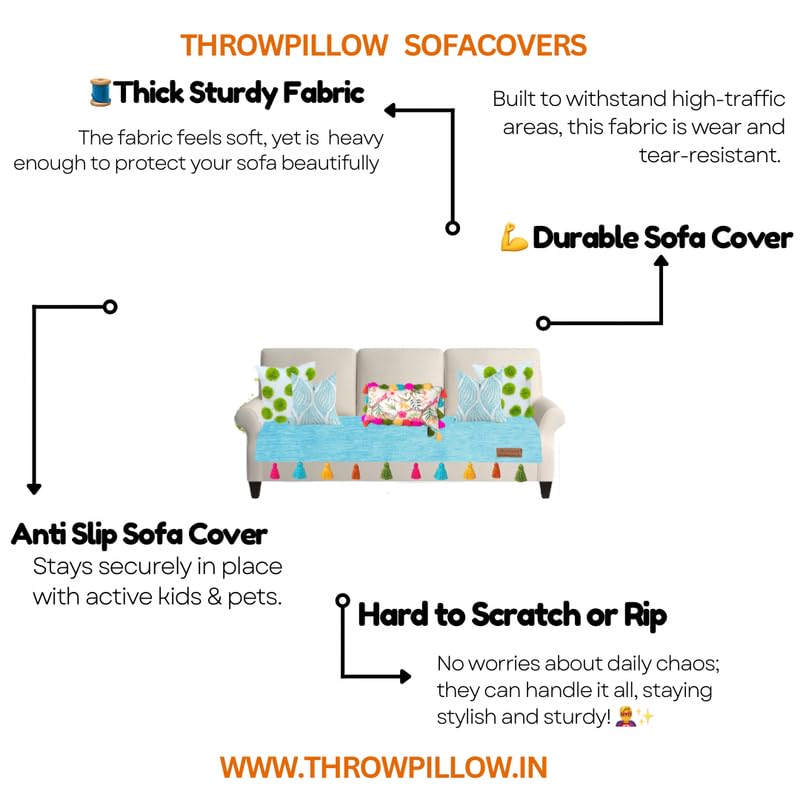 Image of Blue Sofa Cover Multicoloured Tassels:Corner Couch Cover: Thick Fabric, Scratch & Paw Resistant, Corner Sofa Cover, Designer:Fits 3+2 Seater+Corner Sofa, Coverage: Seat- Set of 2 Seat Covers