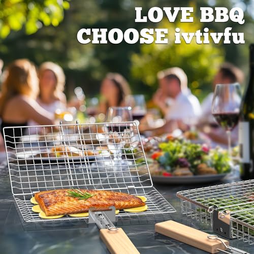 ivtivfu Fischgrillkorb-Set, Abnehmbarer Holzgriff, Edelstahl 304, Outdoor Küche Grill Zubehör für Gemüse Garnelen, Garten Camping Gasgrill, Geschenke Geburtstagsgeschenk für Männer Ehemann Papa 6