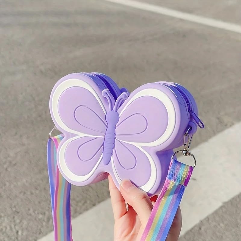 KALQIAD Cute Butterfly Kids Crossbody Bag | Soft Silicone Sling Bag for Girls | Lightweight Shoulder Bag with Adjustable Strap | Trendy Cartoon Purse for Toddlers & Children β Purple 4