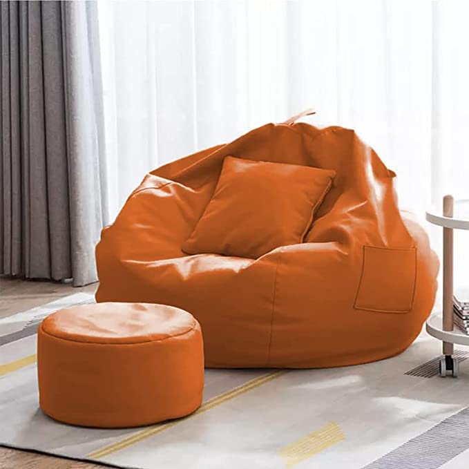 Image of 4XL Bean Bag with Footstool & Cushion Ready to Use Filled with Beans | Faux Leather Bean Bag Chair for Home (Orange, XXXL)