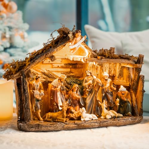 Afirst Christmas Nativity Scene Indoor Christmas Nativity Scene with Manger Angel Holy Family Stable Battery Operated Light Up Indoor Table Display Figurines Decoration - Thumbnail 4