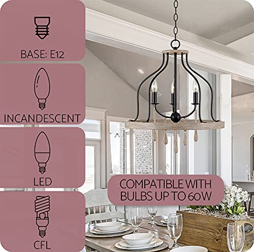 Kira Home Sasha 23" 3-Light Farmhouse Pendant Chandelier + Hanging Wood Accents, Light Oak Wood Finish + Black Finish - Image 6