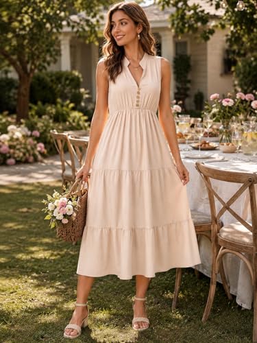Image of BROVAVE Womens 2026 Summer Sleeveless Shirt Dress Collar Striped V Neck Casual Midi Dresses