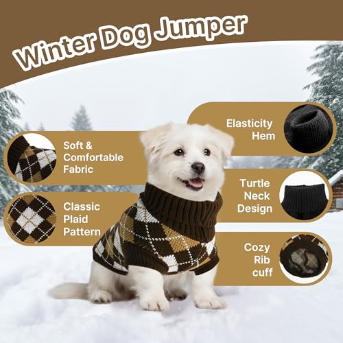 PawSailor Strickpullover für Hunde Rollkragenpullover Karomuster Warmer Welpenpullover Kuschelweich Winter-Outfit für Kleine und Mittelgroße Hunde wie Shih Tzu, Zwergschnauzer, Zwergspitz, Braun L