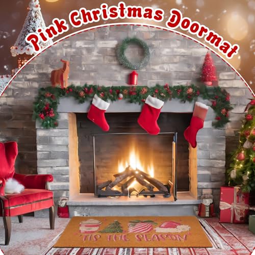 Tinideya ピンク クリスマス ウェルカム マット コイア ドアマット 29 x 17インチ ドアマット Xmas Decor 屋外ラグ 滑り止め裏地付き 屋外 屋内装飾 キッチン 玄関 寝室 玄関用 [3]