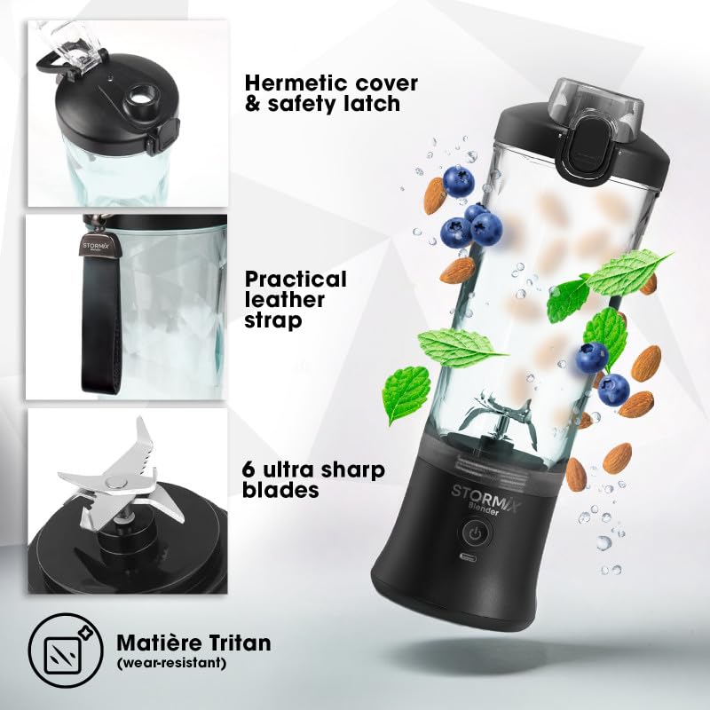 STORMIX BLENDER – Blender Portable Sans Fil – 6 Lames Acier Inoxydable – 150W Puissant & Rapide – Smoothies, Shakers, Glace Pilée – 600ml – USB-C Rechargeable – Auto-Nettoyage – Design Élégant