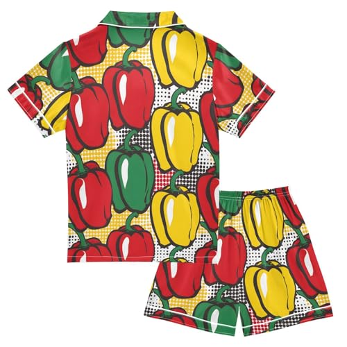 ALAZA Pepper Chili Red Yellow Green Satin Pajamas Set Short Sleeve Button Down Sleepwear Summer Pjs 2 Piece2
