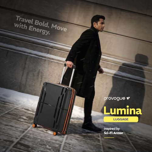 Image of Provogue Lumina Hard-Sided PP 65 Cm Trolley Bags for Travel Medium Size | Expandable Luggage Suitcase with 8 Wheels | Combination Lock | 5 Year Warranty (Midnight Black /Fire Orange)