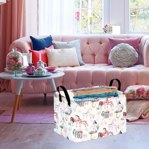 Image of Storage Basket Home Shelf Basket Organizer Box Clothes Laundry Hamper Nursery Bin Gift Laundry Basket with Handles Rectangle Farm Pattern for Home