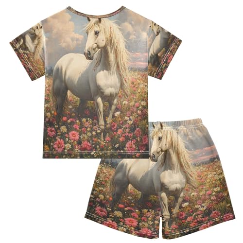 ALAZA Horse Flower Landscape Pajamas Set Short Sleeve Cotton Sleepwear Summer Pjs 2 Piece 5-14Y2