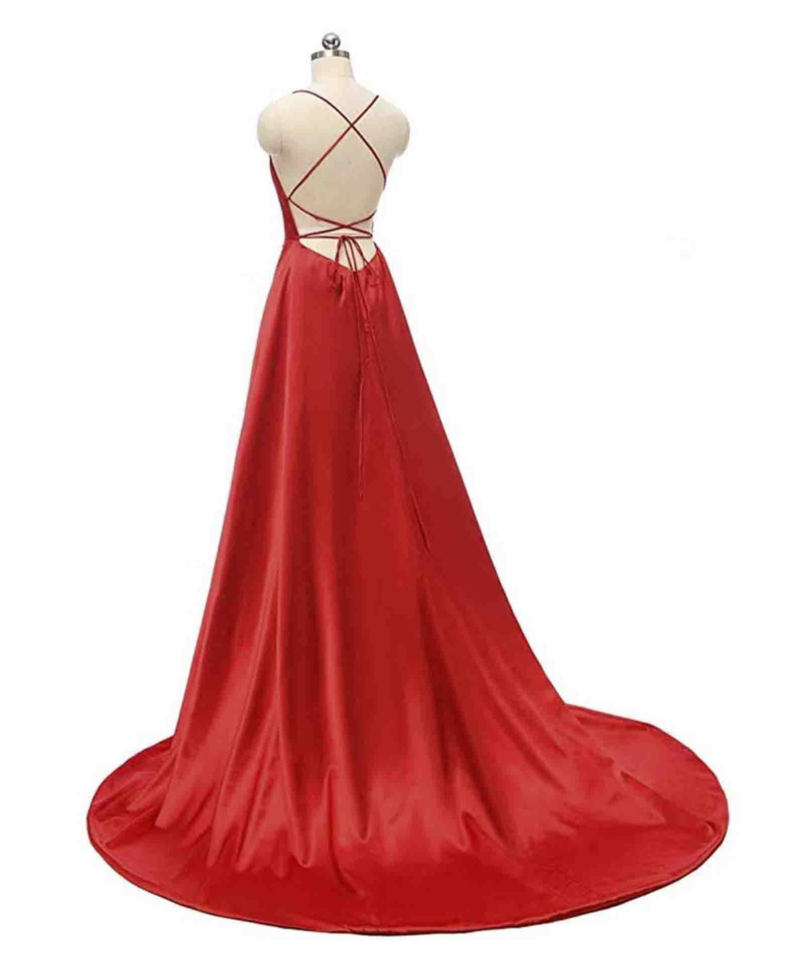 HAHAEMMA Vestido largo para mujer, elegante, con bolsillos, de satén, línea A, sin espalda, vestido de noche, vestido de noche, sexy, espagueti, vestido de novia, vestido largo de princesa de dama de