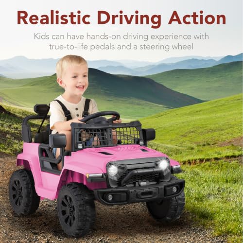 Image of Best Choice Products 12V Kids Ride On Truck Car w /Remote Control, Electric Ride On Car for Toddlers 3-5, Battery Powered Ride On Toy w /LED Lights, 4-Wheel Suspension, Safety Harness - Blush Pink