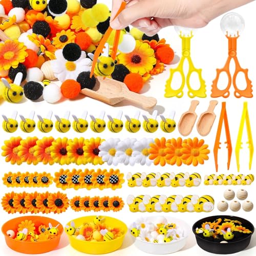 OAXNTGW 172 Pcs Sunflower Sensory Bin Filler Spring Summer Bee Honeycomb Counting Sorting Sensory Bin Items Fine Motor Sunflower Counts for Easter Day Spring Summer Sorting Counting Decor