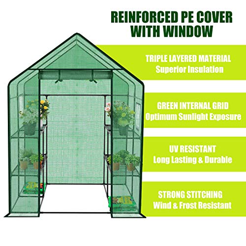 Reinforced Walk-in Greenhouse with Window,Plant Gardening Green House 2 Tiers and 8 Shelves,L56.5 x W56.5 x H76.5