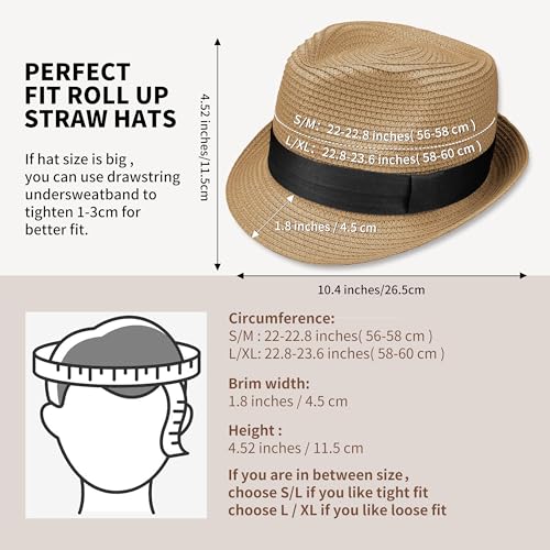 Image of Straw Fedora Hat for Women Men Packable Short Brim Roll Up Trilby Hat Panama Summer Beach Sun Hat UPF 50+