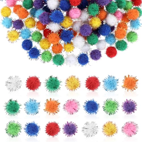 Tyqour 250 Pcs Mini Pompoms for Crafts Small Pom Pom Balls Craft Bulk Glitter Fuzzy Pompom Puff Balls for DIY Arts, Crafts Projects, Home Decorations, Summer Holiday Party, Fuzzy Ball to Glue on