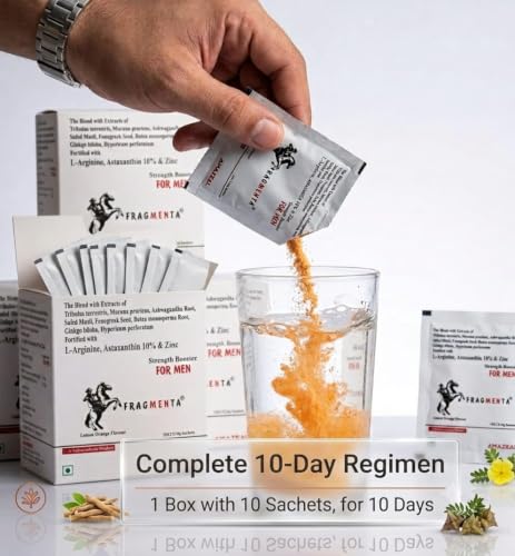 Image of FRAGMENTA Strength Booster Supplement for Men | L-Arginine, Ashwagandha, Safed Musli, Gokhru, Zinc | Strength, Stamina & Energy Booster | 10 Sachets, Lemon Orange Flavour, Sugar Free