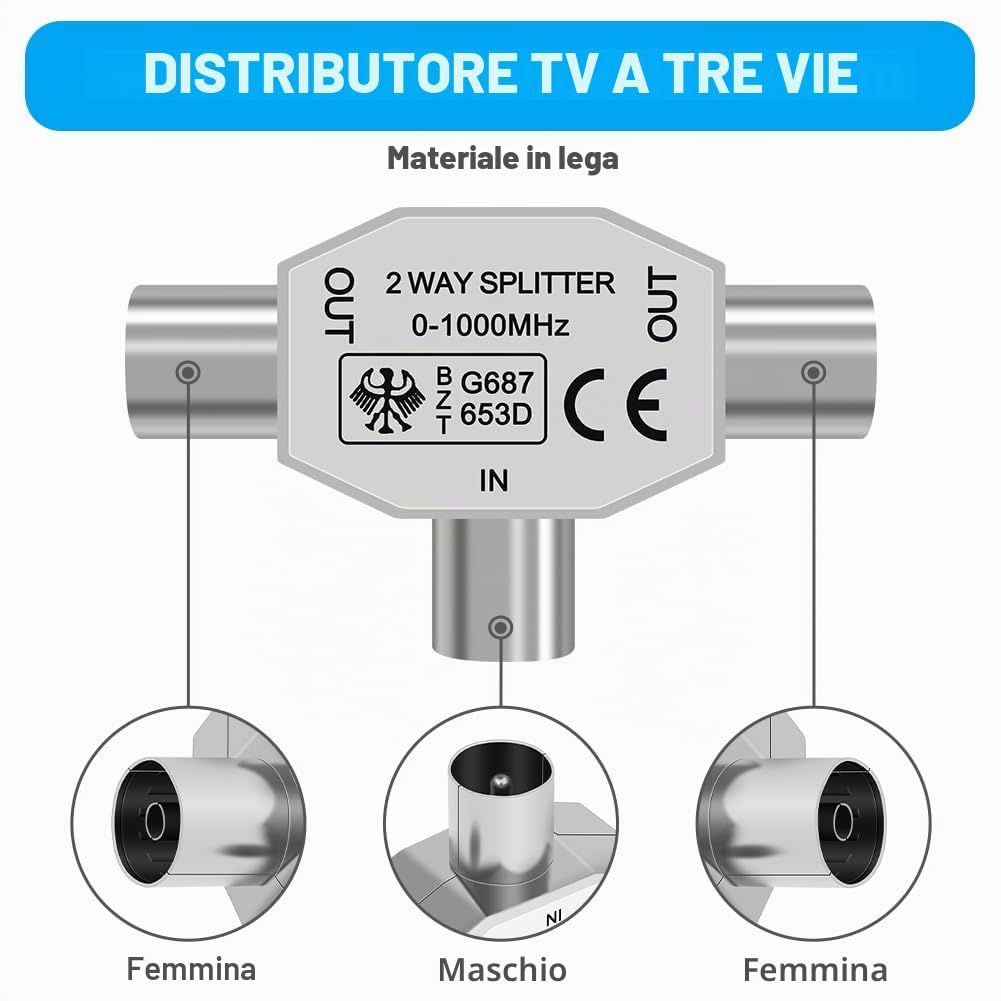 Divisore Antenna TV A T A 2 Uscite – Adattatore Coassiale Da 1 Ingresso Maschio A 2 Femmine, 5-1000 MHz, Bassa Perdita