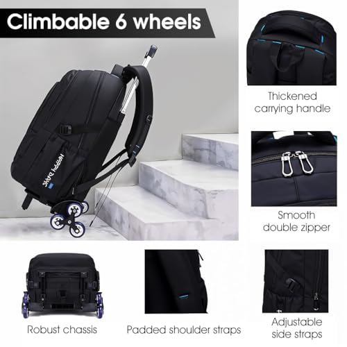 Image of Climberty School Bag for Boys Girls Durable Burden Relief School Trolley Bag with Detachable Wheel Stand and 6 Wheels Large Waterproof travel Trolley School Bags School Backpack Gift for Boys, Girls