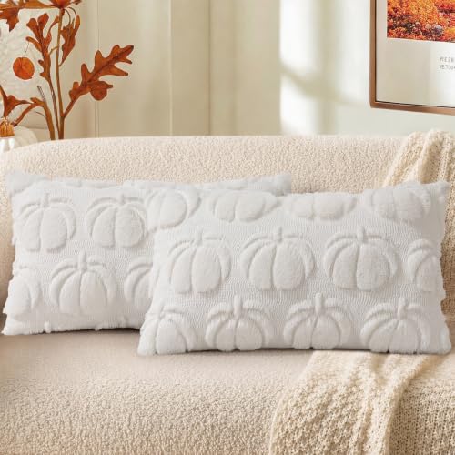 Image of decorUhome Fall Decorative Cream White Pumpkin Throw Pillow Covers 12x20 Set of 2, Soft Faux Fur Plush Farmhouse Accent Pillow Cases for Couch Bed Sofa Autumn Harvest Halloween Holiday Home Decor