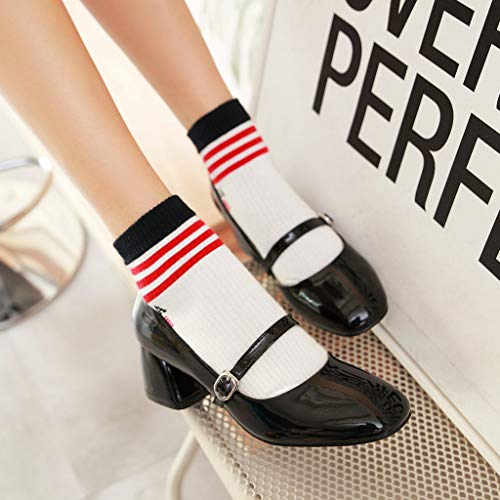MIOKE Women's Square Toe Mary Jane Pump Oxford Patent Leather Buckle Strap Chunky Mid Heel Retro Dress Shoes3