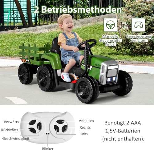 COSTWAY 12V 3-Gang Traktor mit abnehmbarem Anhänger und 2,4G Fernbedienung, Kinder Aufsitztraktor mit LED Lichtern, Musik, Hupe & USB Funktionen, geeignet für Kinder ab 3 Jahren (Dunkelgrün) – Bild 5