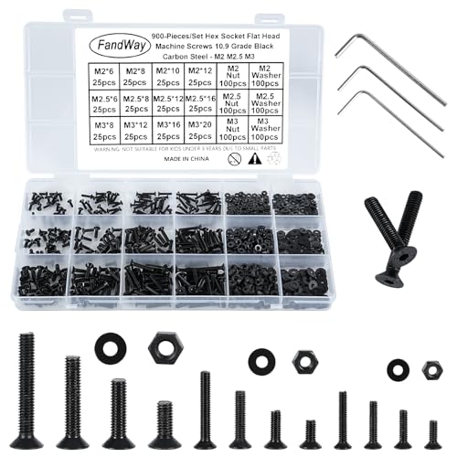 FandWay 900 Piezas Tornillos de Cabeza Avellanados Hexagonal Tornillos de Cabeza Allen Plana M2 M2.5 M3 Tornillos de Máquina Rosca Completa Acero al Carbono 10.9 Negro con Tuercas Arandelas 3 llave.
