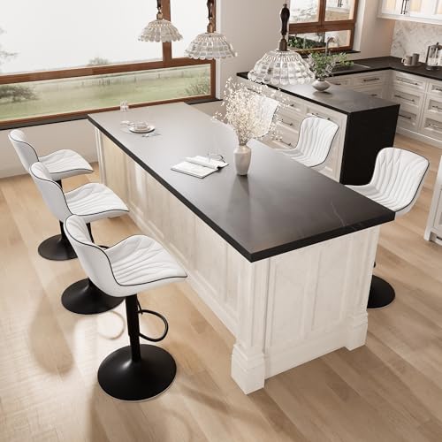 Image of Bar Stools Set of 6 Modern Kitchen Counter Chairs Swivel Barstools White | Faux leather upholstered island chairs with backs & metal base. Adjustable Height, easy to clean & load 300 lbs