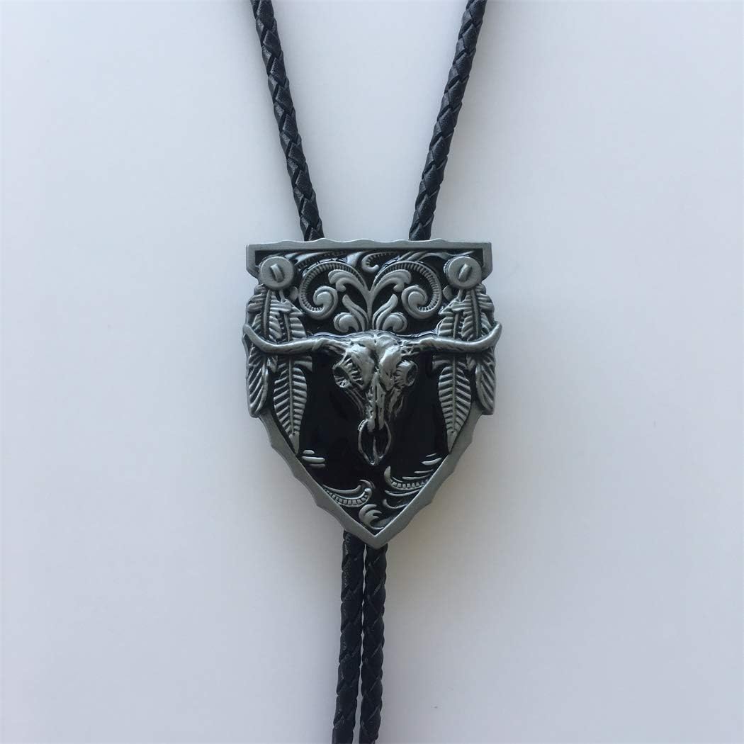 Bolo Tie for Men,Cowboy Necklace,Vintage Black Enamel Long Horn Bull Bolo Tie