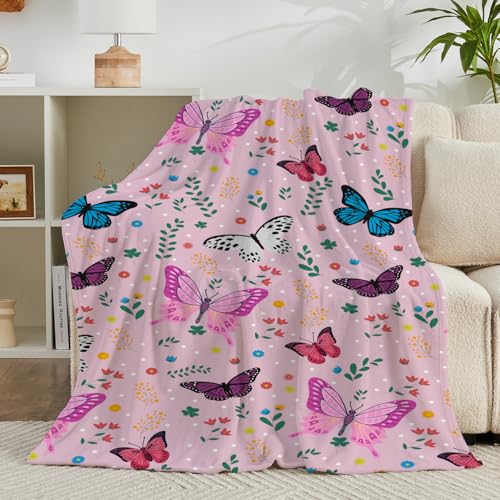 Jameswish Butterfly Throw Blanket For Girls Teens Toddler Pink Soft Fuzzy Flannel Bed Blanket For Kids Adults Plush Colorful Flowers Blanket,50 Inchx60 Inch thumb #4