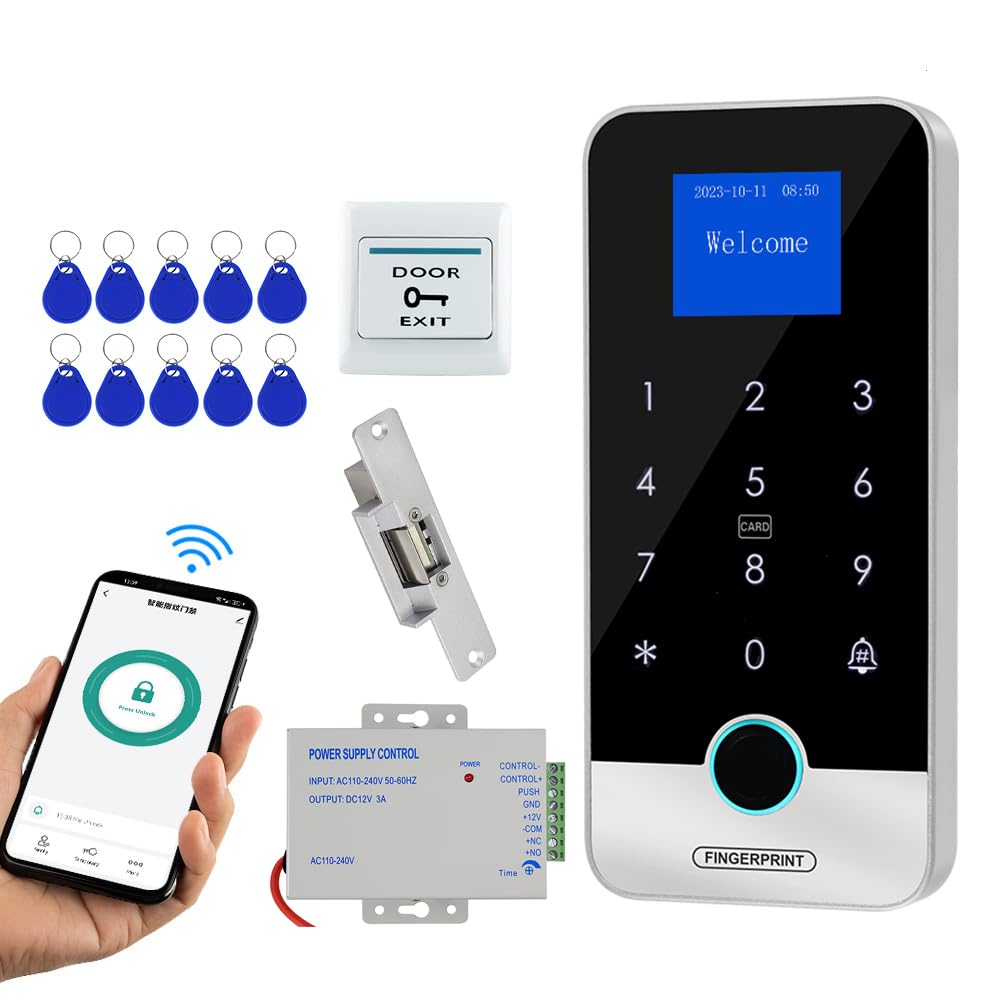 Tuya Smart Fingerprint Access Control Kit, a four-in-one access control system, includes a keypad controller, a 12V power adapter, a 350-pound magnetic lock, an exit button, and 10 RFID key fobs.