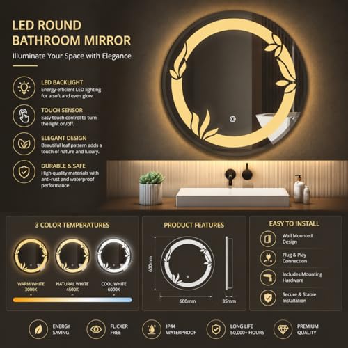 Image of LED Smart Bathroom Mirror with Touch Sensor | 3-in-1 Light Modes - Warm White | Cool White & Natural Light | Office and Home Use (Round 2nd, 21x21)