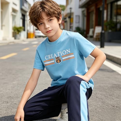Image of Yoxindax Tween Boy Clothes 2-Piece Letter Print Tee And Color-Block Pants Summer Outfits