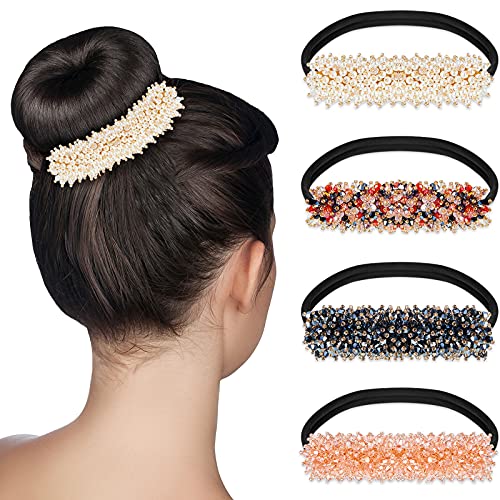 4 Pieces Rhinestone Hair Band Accessory Rhinestone Easy Bun Maker DIY Bun Shaper Hair Bun Making Styling Retro Rhinestone Ponytail Bun Hair Band Easy Hairstyle Tool for Women Girls