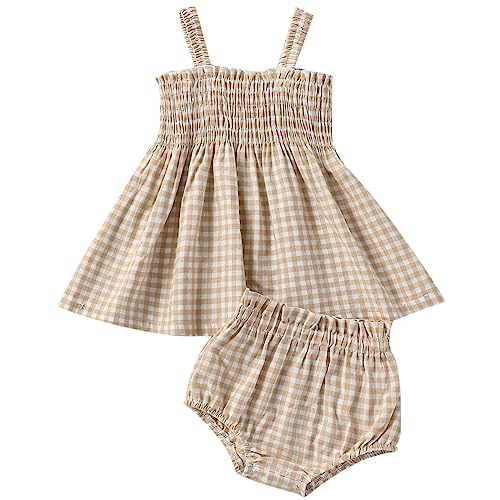Image of Mubineo Baby Girl 3PCS Summer Boho Rompers Outfits Bodysuit Shorts Clothes Headband Set (Qbj Khaki White Plaid, 0-6 Months)