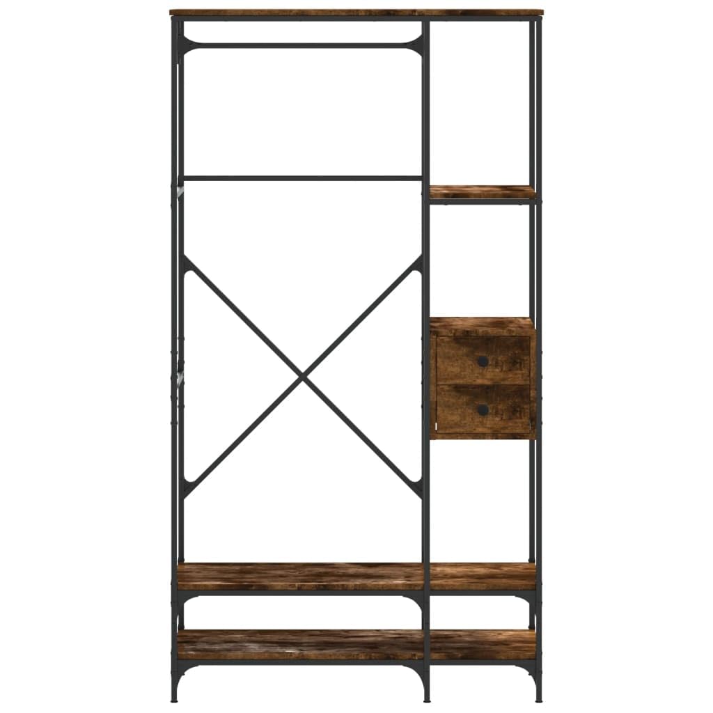 Kleiderständer mit Ablagen aus Räuchereiche Holzwerkstoff, Metall Rahmen, freistehend, stabil, platzsparend, 97 x 40 x 180 cm, Garderobenständer mit Rollen