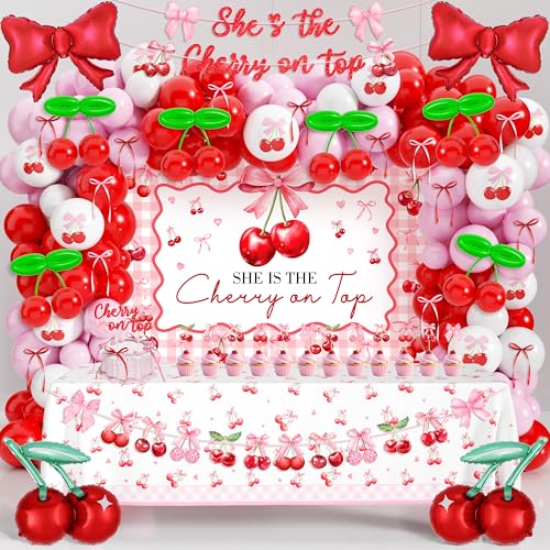 Image of Cherry Baby Shower Party Decorations Kit - Includes She's The Cherry On Top Banner, Balloon Arch, Backdrop, Tablecloth & Cake Toppers for Women Girls Cherries Themed Party Supplies