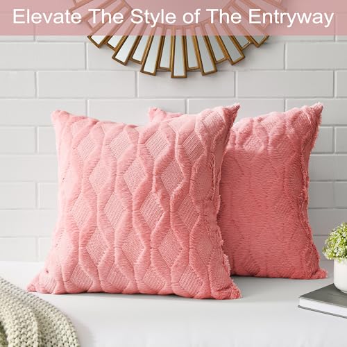 Image of Volcanics Pack of 2 Faux Wool Throw Pillow Covers 18x18 Inches Decorative Farmhouse Velvet Couch Pillow Case Soft Plush Square Boho Cushion Pillowcase, Coral Red