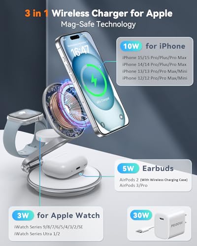 Charging Station for Apple Multiple Devices: 3 in 1 Foldable Magnetic Wireless Charger Stand for Mag-Safe iPhone - Travel Charging Dock for iPhone 15 14 13 12 Pro Max Plus & Apple Watch & Airpods