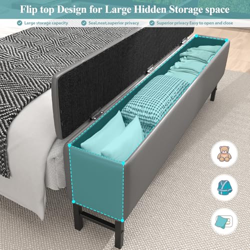 Image of Queen Size Bed Frame with Star Projector & Charging Station, PU Leather Upholstered Platform with 2-Tier Storage Headboard & Storage Ottoman, Metal Support, Noise-Free, No Box Spring Needed, Grey