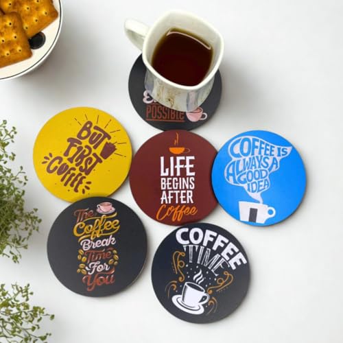Image of Zesta Coasters for Cups Set of 6 / Wooden Coasters for Bar Accessories for Home /Tea Coaster Set of 6 / Waterproof Dining Table Decor Glass Cover (Coffee Lover, Circle)