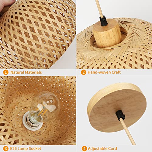 Frideko Hand-Woven Bamboo Pendant Light Natural Wicker Rattan Hanging Light Fixture Basket Lampshade Pendant Lamp Wicker Chandeliers for Kitchen Island Farmhouse Living Room Dining Room(Bulb Included) - Image 5