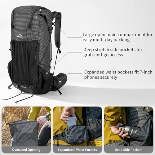 Image of Naturehike 60L Rock 2.0 Upgraded Internal Frame Hiking Backpack for Outdoor Camping Travel Backpacking, Ultralight with Rain Cover Backpack for Adults(Black /M /60L)