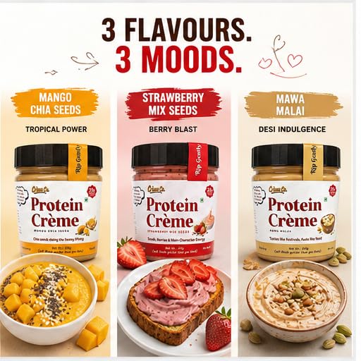 Image of CREME CO. Desi Delight Trio - Mawa Malai, Mango Chia & Strawberry Seeds Protein Creme Combo (3 X 200G)
