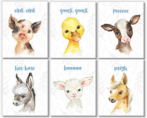 Farm Animal Wall Art Prints - Baby Nursery Decor - Set of 6-8x10 - Unframed  - Watercolor